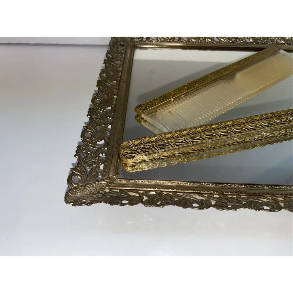 Apollo Ormolu Vanity Set of 4 Hollywood‎ Regency Filigree Mirrors Comb Brush Vtg